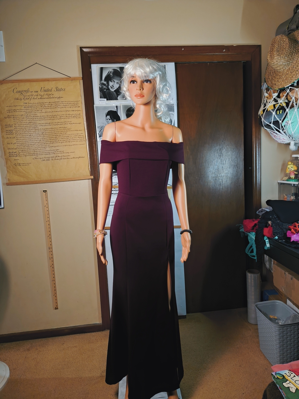 Windsor Burgundy Off-Shoulder Formal Evening Gown Thigh Slit S
